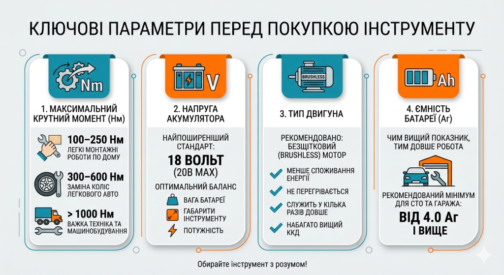 Головні технічні характеристики акумуляторного гайковерту